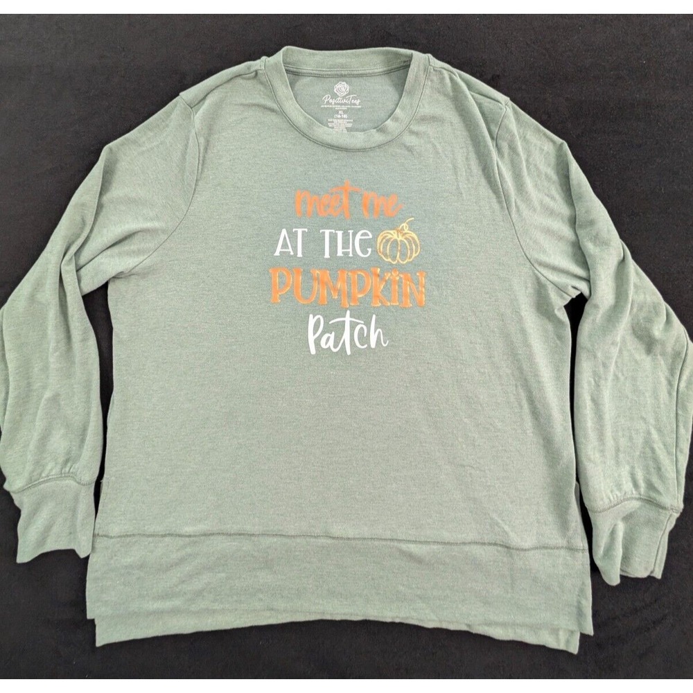 Meet at Pumpkin Patch Fall Green Long Sleeve Polyester Blend T-Shirt Womens' XL